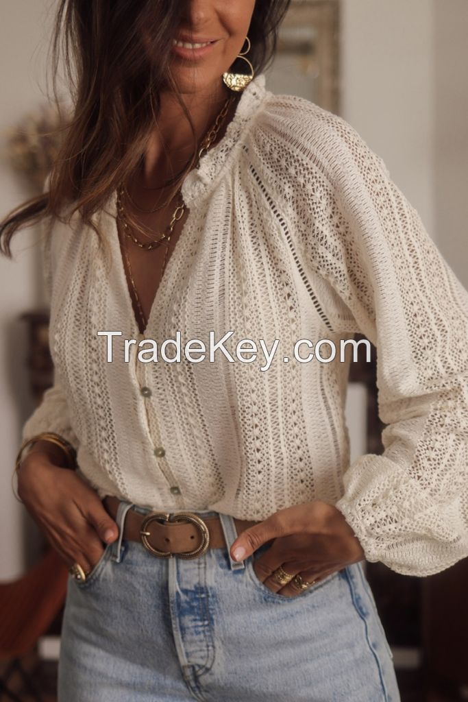 Shewin Wholesale Notch Neck Button Down Raglan Sleeve Crochet Top