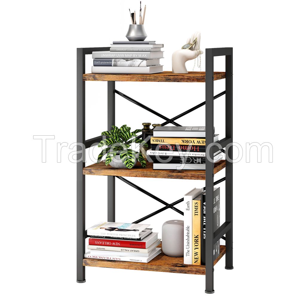 Bookshelf, 3 Tier Industrial Bookcase, Metal Small Bookcase, Rustic Et