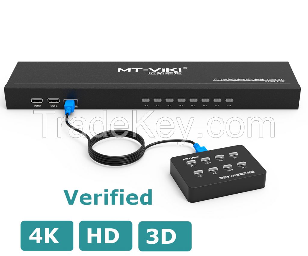 8 Port KVM Switch VGA, MT-VIKI Rack KVM Console 8x1 Switcher 8 in 1 Out 1080P + 8-Pack Cables