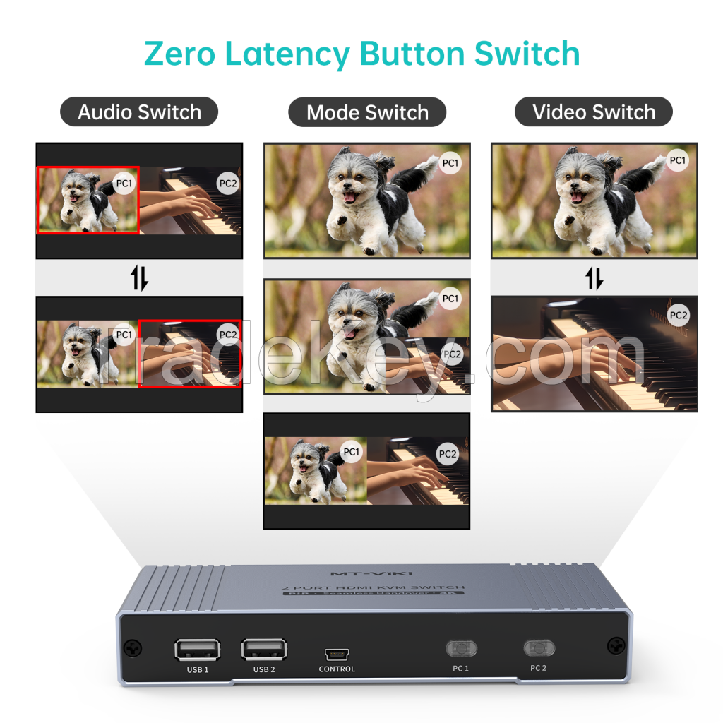 Seamless HDMI KVM Switch 2 Port 4K 30Hz + 2 Cables, MT-VIKI Seamless 4K HDMI KVM Switch with PIP POP