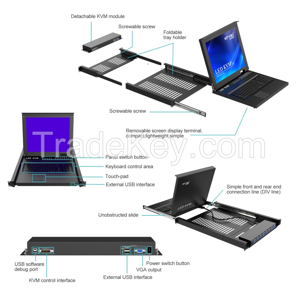 17" LCD KVM Switch 16 Port VGA, MT-VIKI 1280*1024 Rackmount KVM Drawer for 19" 1U Rack + 16-pack Cables, 17 Inch LED KVM Console