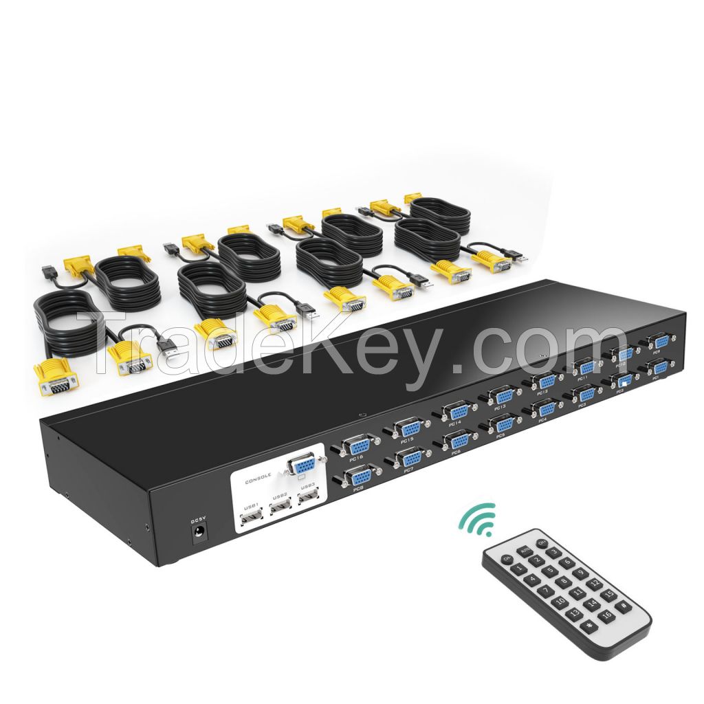 16 Port KVM Console VGA MT-VIKI Rackmount USB VGA KVM Switch 16x1 Switcher 16 in 1 Out + 16 Pack Cables
