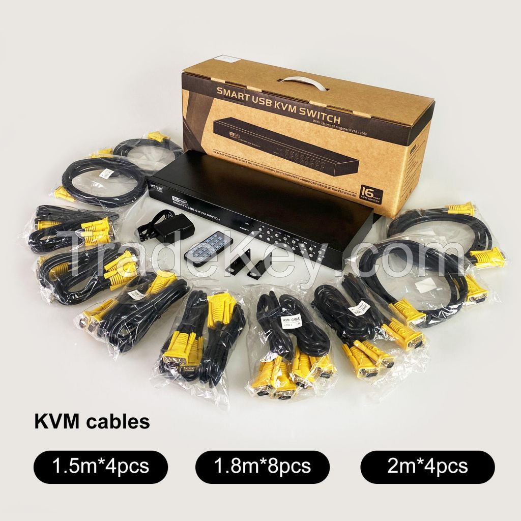 16 Port KVM Console VGA MT-VIKI Rackmount USB VGA KVM Switch 16x1 Switcher 16 in 1 Out + 16 Pack Cables