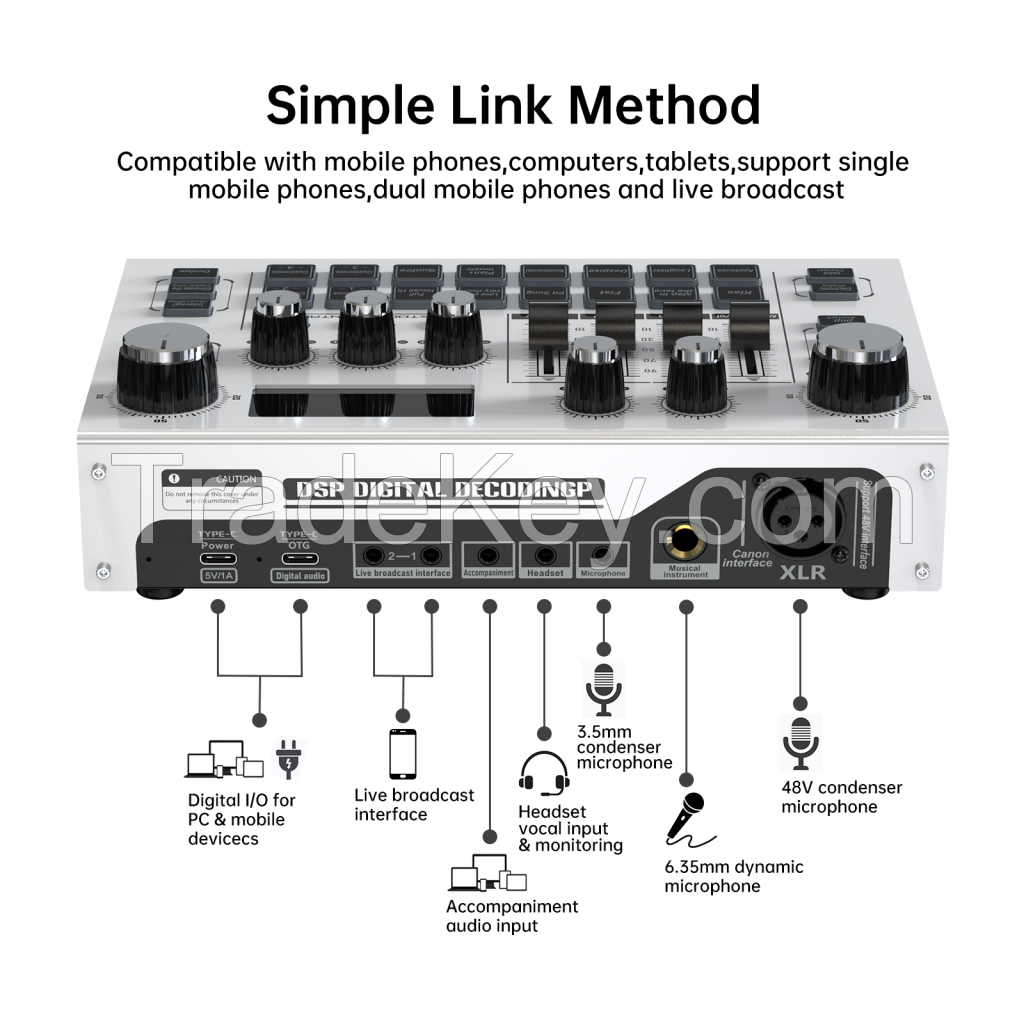 Digital Live Streaming Audio Mixer with LCD Gaming Bar, Live Sound Card with Bluetooth, 48V Phantom Power