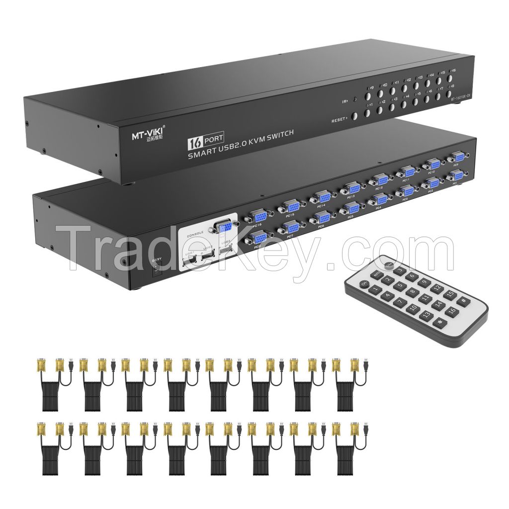 16 Port KVM Console VGA MT-VIKI Rackmount USB VGA KVM Switch 16x1 Switcher 16 in 1 Out + 16 Pack Cables
