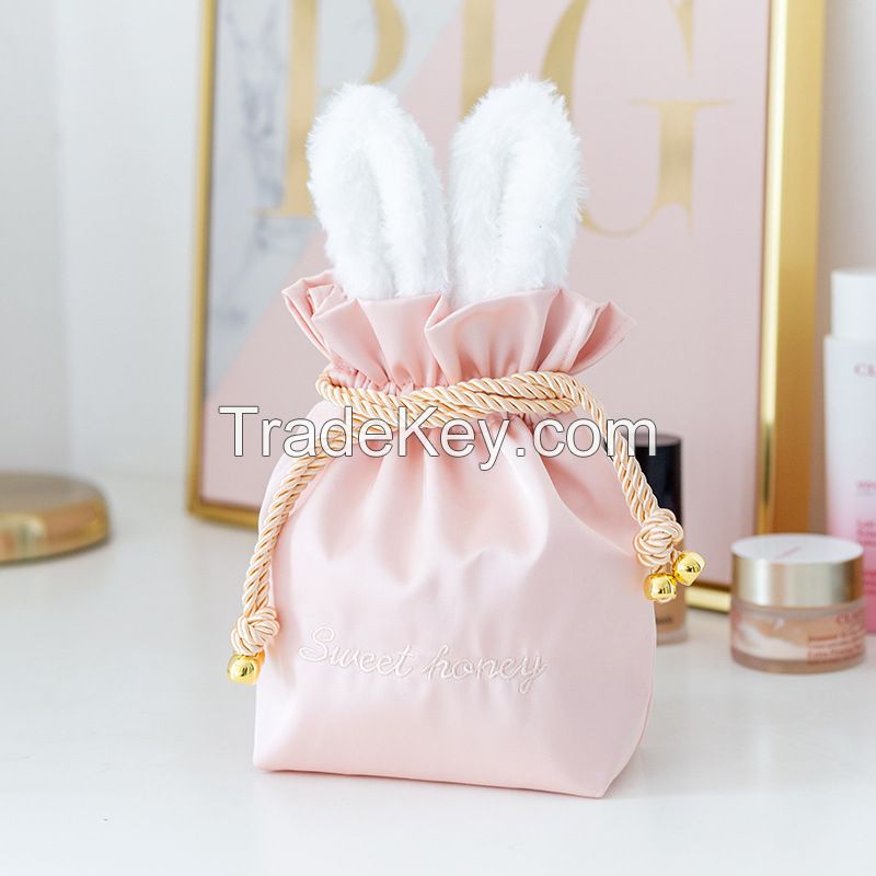 New imitation Rex rabbit hair cute rabbit ears embroidery makeup bag travel storage bag silk bundle pocket