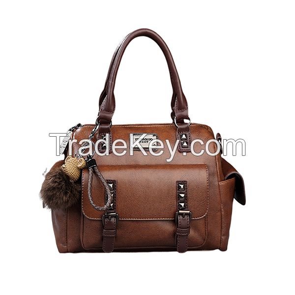 High Quality Oil Wax Retro Fashion Purse Hand Bag Large Capacity Nice Leather Rivets Tote Long Strap Stylish Crossbody Sling Bag Bright Messenger Bag Daily Work Briefcase