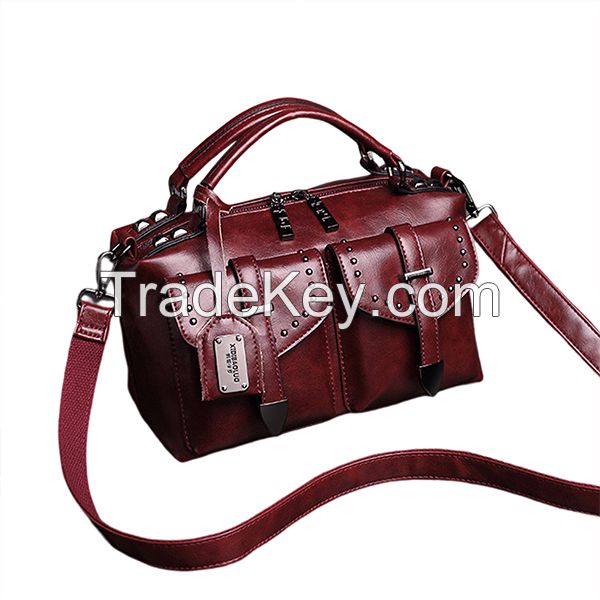 Stylish Vintage Leather Satchel Shoulder Bag High Quality Fashion Handbag Large Capacity Sling Purse Long Strap Crossbody Bag New Designer Big Tote Rivets Messenger Bag Office Work Briefcase