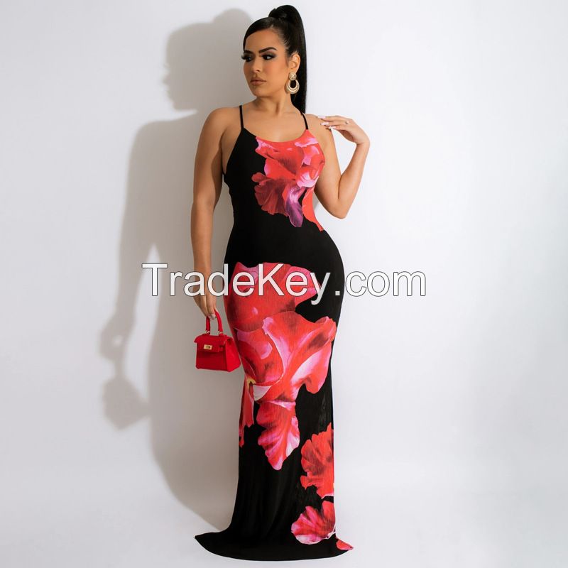 Women's Strappy Backless printed Summer Evening Party Maxi Dress