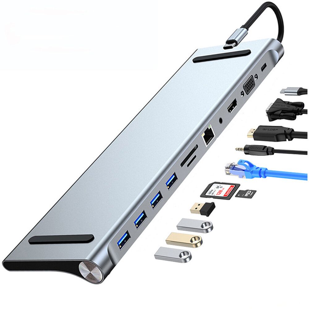 11 in 1 USB-C/Type-C to 4 X USB+SD/TF+RJ45+3.5mm+HDMI+VGA+Pd Multifunction Hub