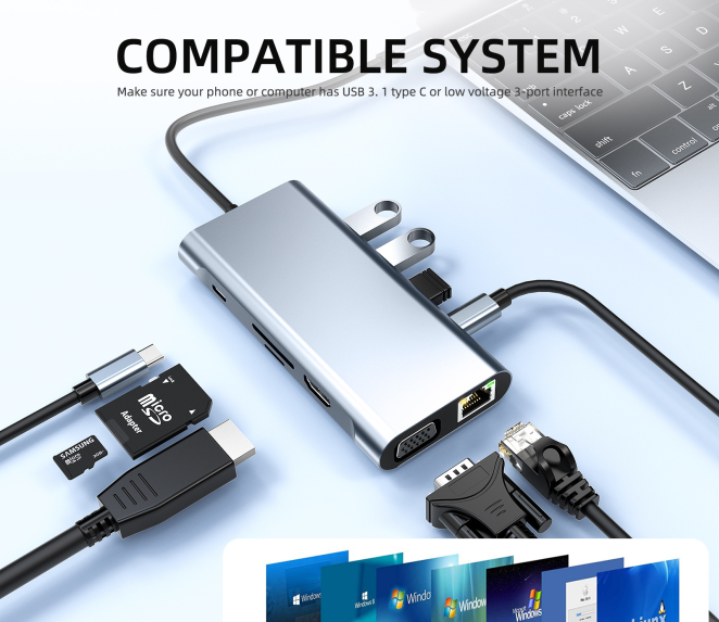 USB C Hub, Type C Adapter, 10-in-1 Dongle with Ethernet, 4K@30Hz HDMI, VGA, 3 USB-a, SD/TF Card Reader, USB-C Pd