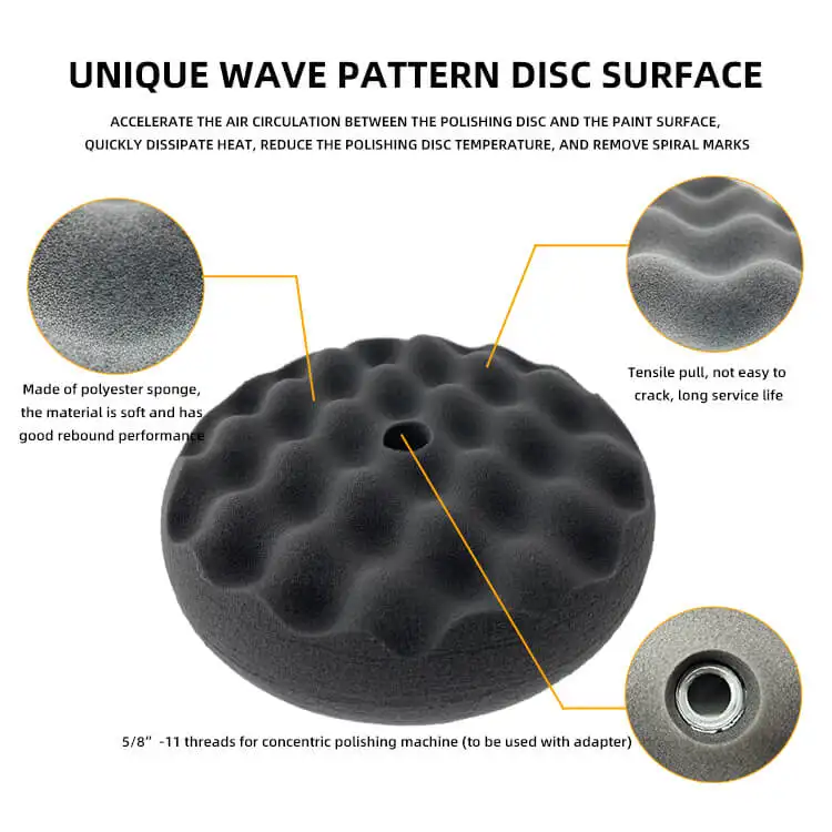 Double Sided Black 8 inch Straight Edge Wave Surface Inner Screw Thread Foam Buffing Car Polishing Pad