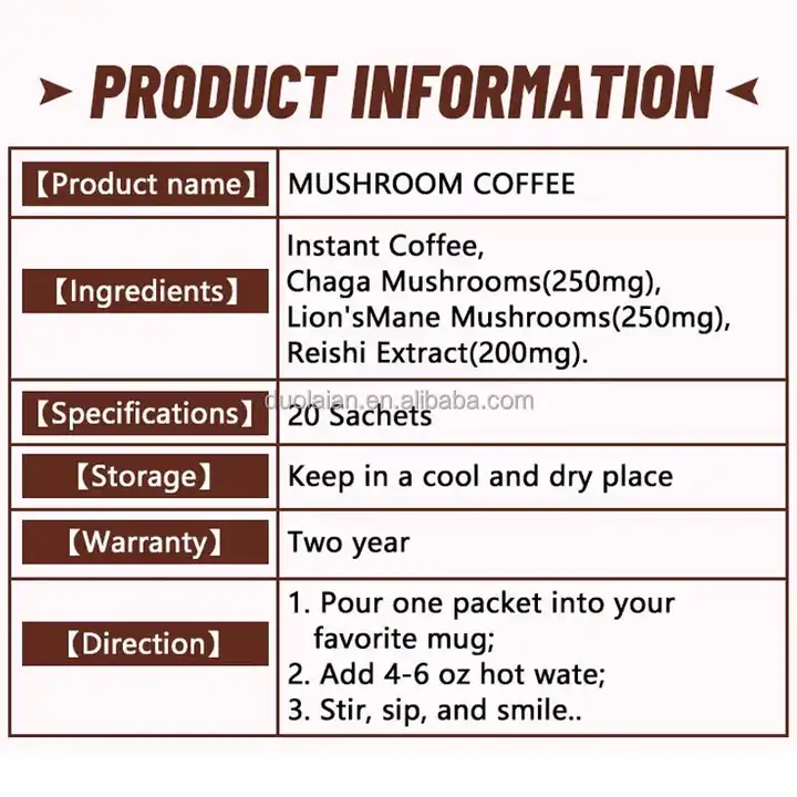 Private Label Herbal Mushroom Coffee Lion's Mane Mushrooms Instant Coffee with Your Own Brand