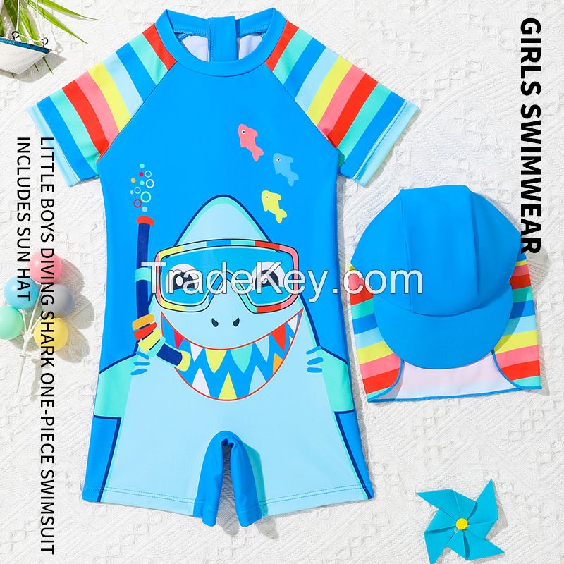 Soft little boy diving shark one-piece swimsuit with sun protection cap