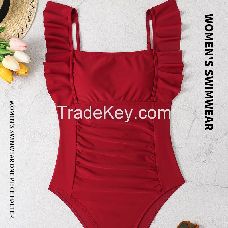 Red skin-friendly women's swimsuit one-piece suspenders