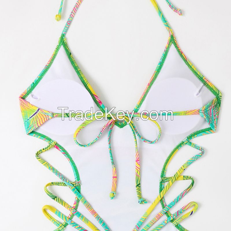 Women's one-piece rainforest plant strap swimsuit