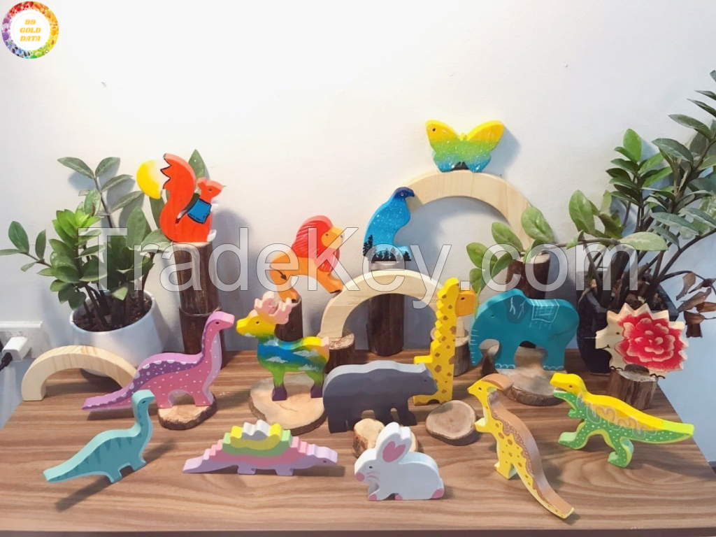 Kids Colorful Wooden Animals Handmade Basswood Stacking Blocks Toys Forest Trees Lion Elephant