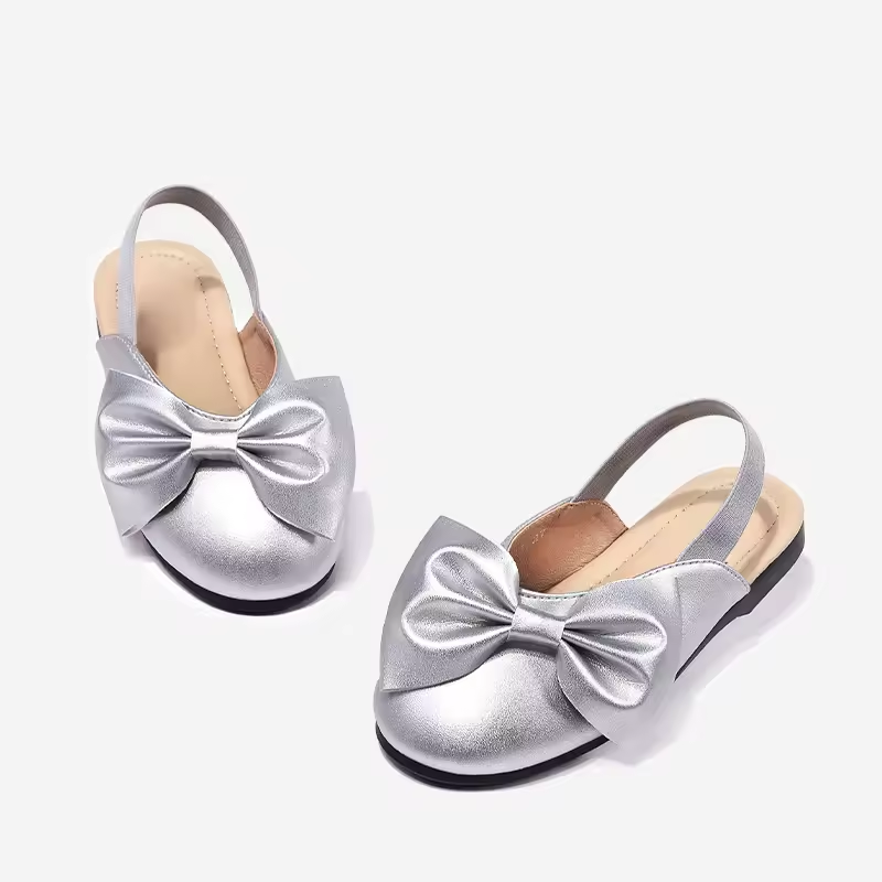 Yellow PU Leather With Bow-knot Round Toe Elastic Band Children Girls Kids Slides Sandals