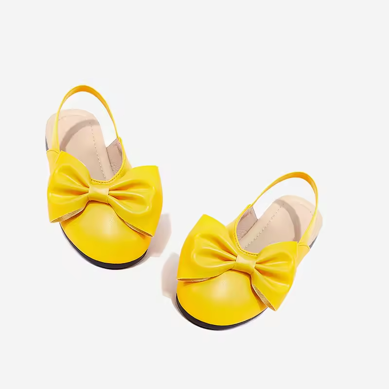 Yellow PU Leather With Bow-knot Round Toe Elastic Band Children Girls Kids Slides Sandals