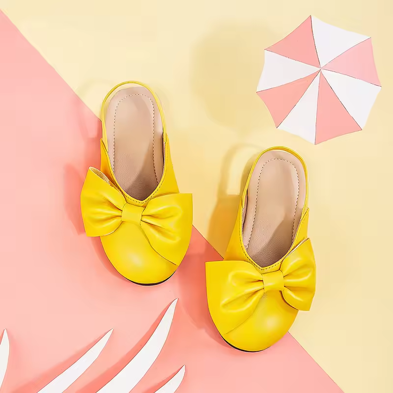 Yellow PU Leather With Bow-knot Round Toe Elastic Band Children Girls Kids Slides Sandals