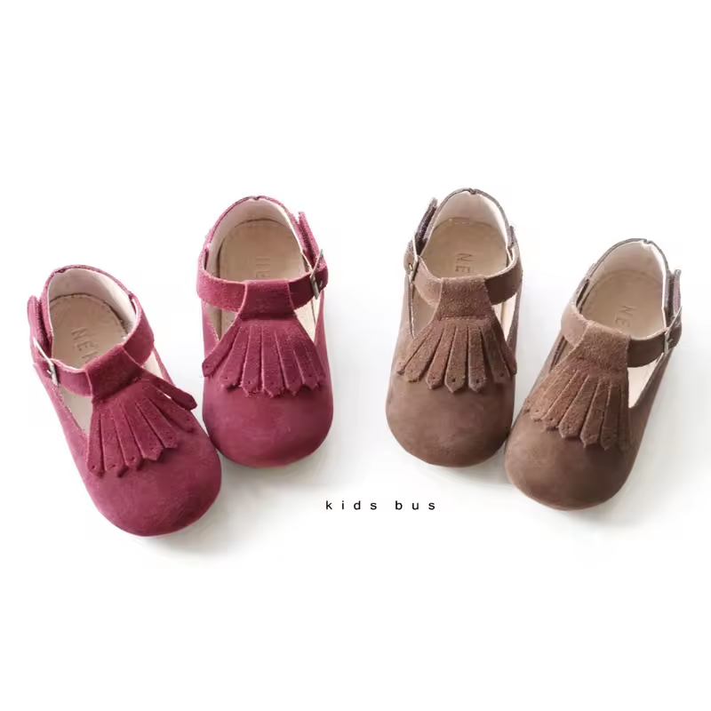 Girl Spring Style Individual Tassel Frosted Design Soft Suede Leather Upper Flat Baby Walking School Shoes