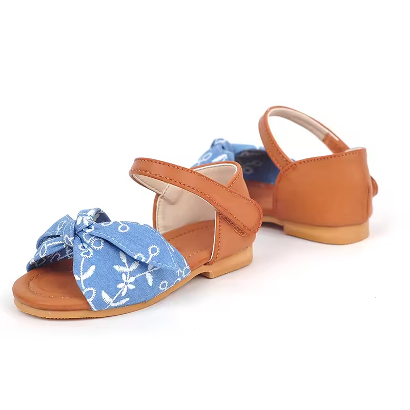 Summer Lightweight Hook Loop Denim Bowknot School Flat Sandals For Girls