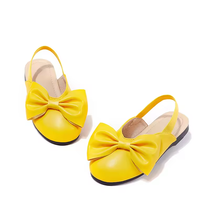 Yellow PU Leather With Bow-knot Round Toe Elastic Band Children Girls Kids Slides Sandals