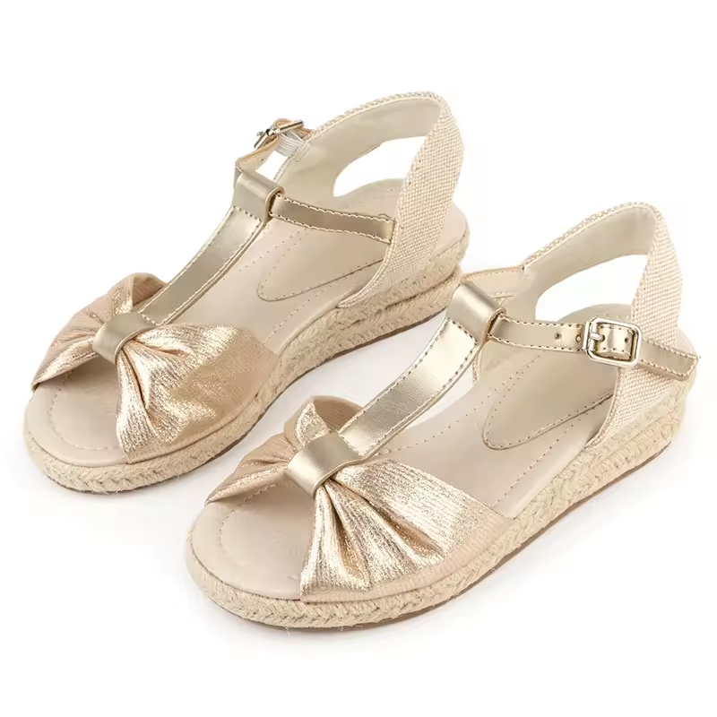 Golden T Strap Princess Pretty Party Dress Low Heel Espadrille Wedge Sandal For Little Girl