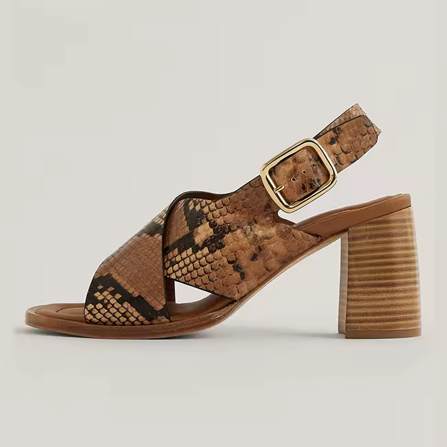 Buckle Strap Snakeskin Crisscross Strappy Chunky Stacked Wood Heel Sandals