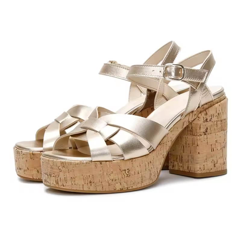 Golden Open Toe Cork Block Heel Buckle Ankle Strap Ladies Platform Sandals