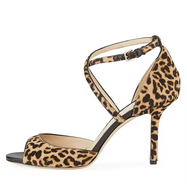 Leopard Print Ankle Buckle Cross Strap Stilettos Open Toe Evening Dress