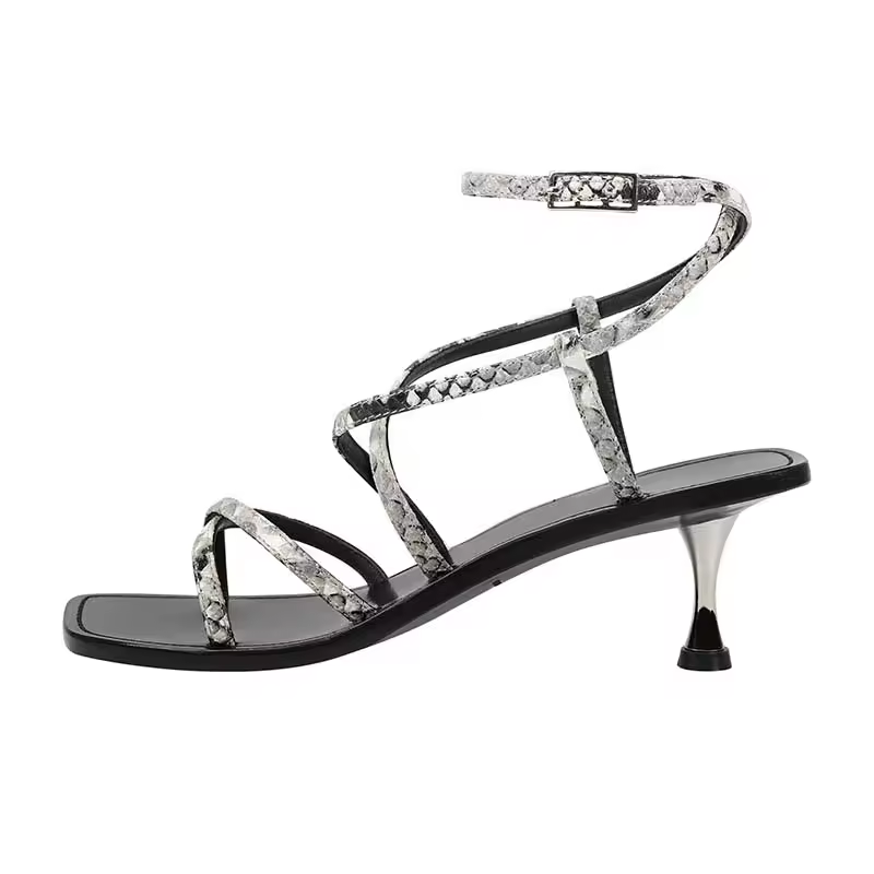 Heels Square Toes Snakeskin Leather Starppy Stylish Sandals