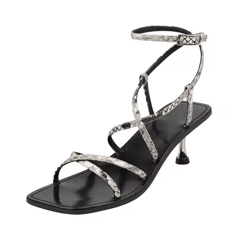 Heels Square Toes Snakeskin Leather Starppy Stylish Sandals