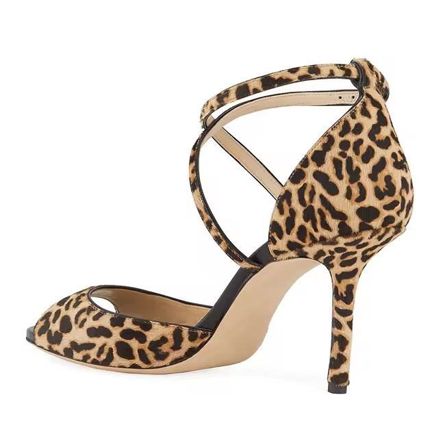 Leopard Print Ankle Buckle Cross Strap Stilettos Open Toe Evening Dress