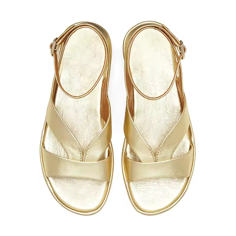 Open Toe Ankle Strap Gold Leather Female Flat Platform Sandals