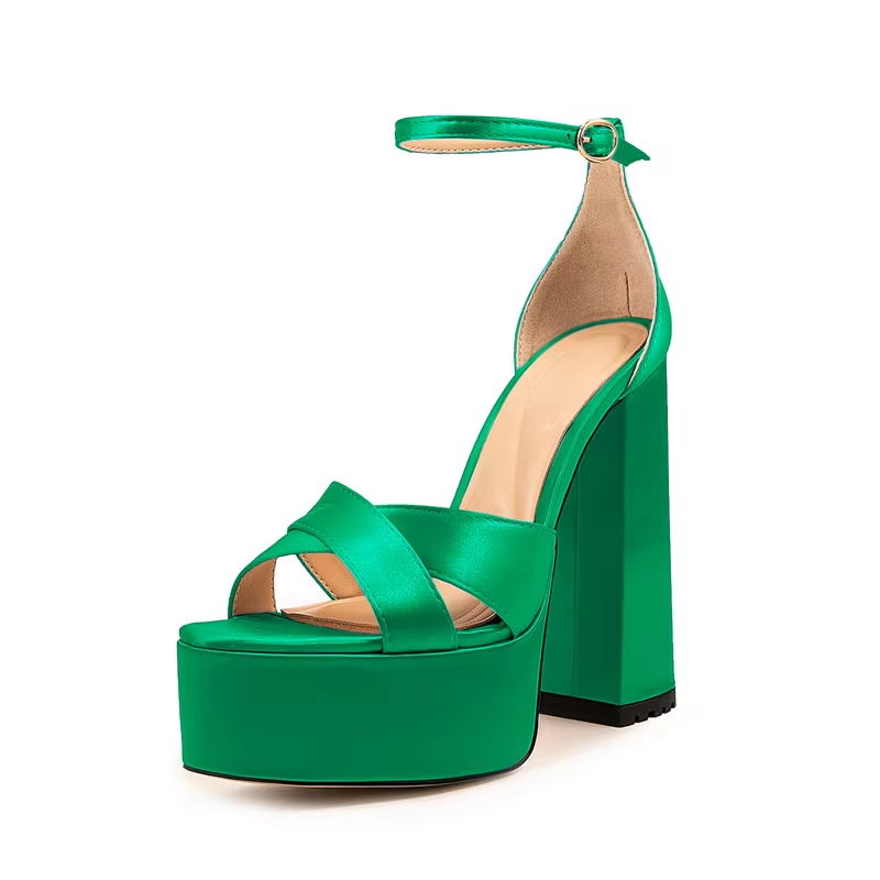 Round Toe Thick Heel Sandals Satin Platform Sandals Green Summer Party Sandals