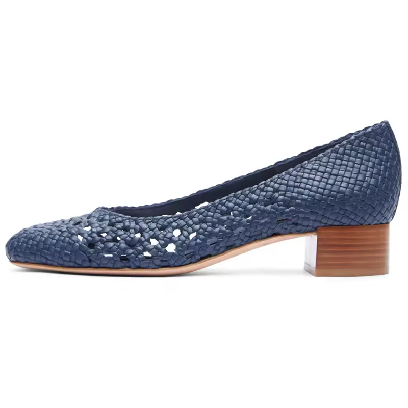 Fashion Slip On Cushioned Office Navy Blue knit Leather Weave Wooden Ladies Heels Shoes