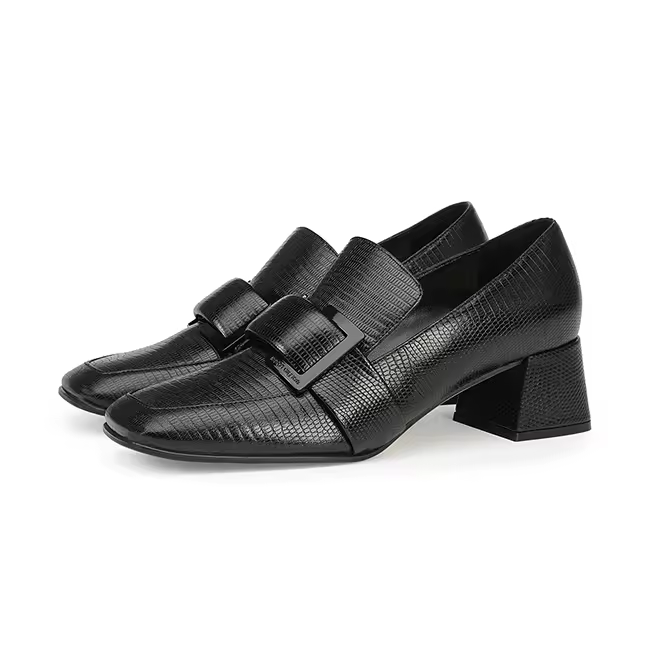 Square Toe Slip On Leather Women Office Dress Chunky High Heel Loafers Pump Shoes