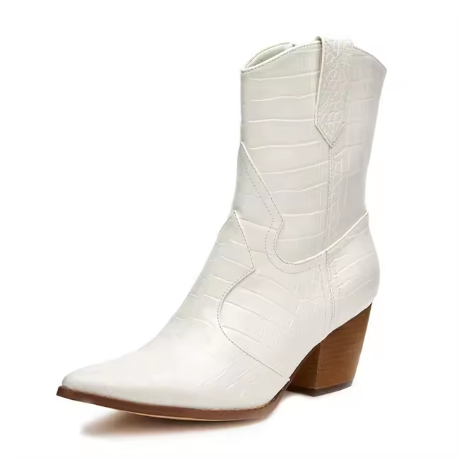 Chunky Mid Heel Zip Up Comfort Booties White Women Ladies Western Cowboy Ankle Boots