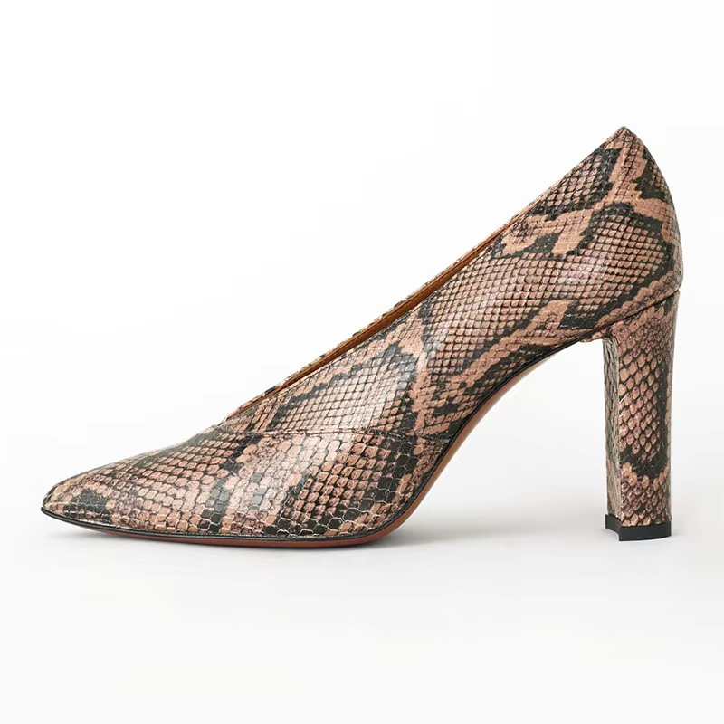 Fall Snakeskin Retro Deep V Cutout Front Slit Chunky Block Heels Short Ankle Booties For Women