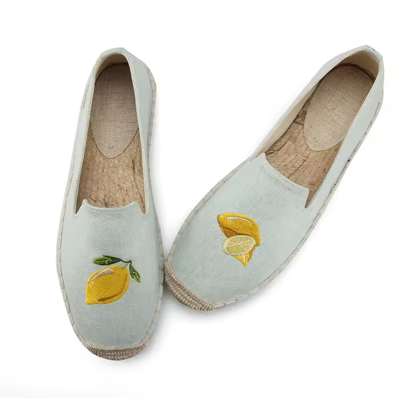 Casual Lemon Embroidery Leisure Walking Canvas Women Flat Loafer Espadrille Smoking Slipper