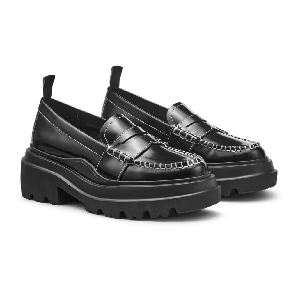 Fashion New Design Black Leather Platform Chunky Sole Round Toe Arch Support Women Lug Leather Penny Loafers Shoes