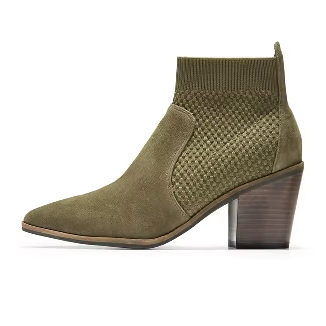 New Fashion Soft Recycled Fly knit and Suede Leather Upper With Block Slip On Ankle Woman Heel Boots