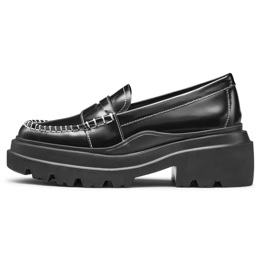 Fashion New Design Black Leather Platform Chunky Sole Round Toe Arch Support Women Lug Leather Penny Loafers Shoes