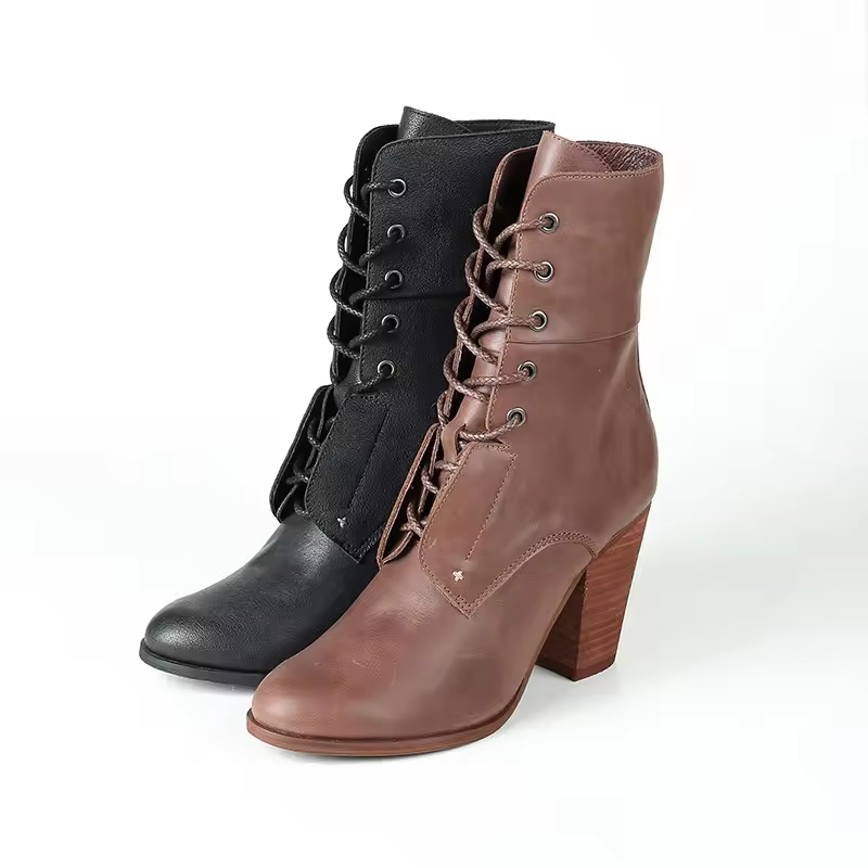 Pointed Toe Square Heel High Brown Leather Top All Season Ankle Boots Women Bootie Heels