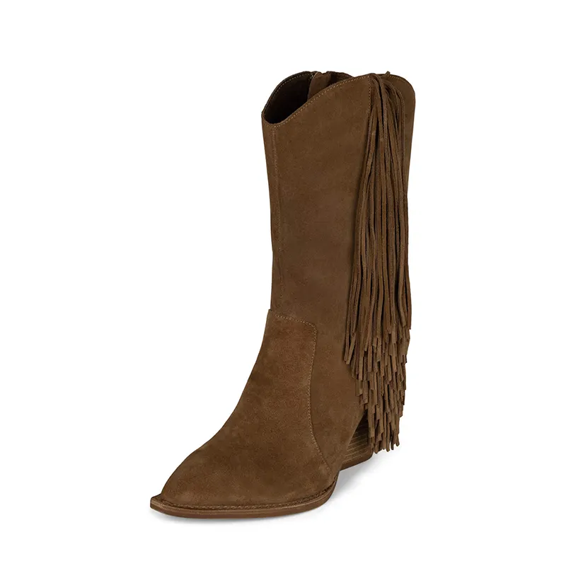 Autumn/winter vintage fringe brown boots, flat calf upper, flat root custom cowgirl boots