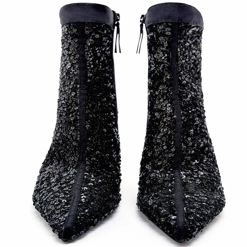 Fashion Pointed Toe Ankle Heel Latest Sequin Embroidery Newest Design Luxury Ladies Boots