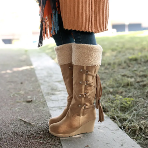 Winter lace up with tassel high women thigh high boots for ladies heel wedge snow boots