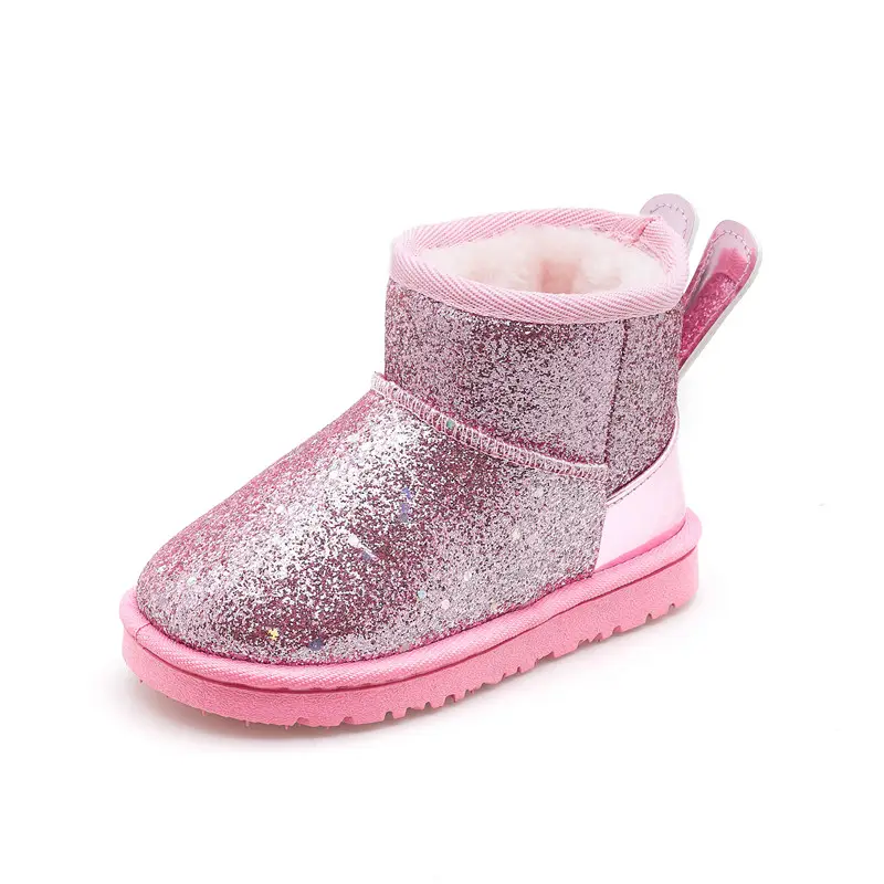 wholesale doc mart boots kids flat winter plush glitter snow shoes for child outdoor slip-on fur