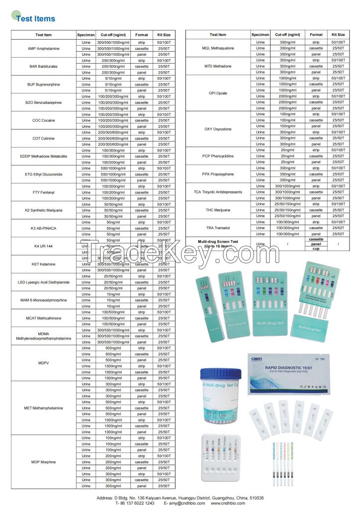 CNDH Drug of abuse test kit, Strip / Cassette / Panel / Cup / Uncut Sheet